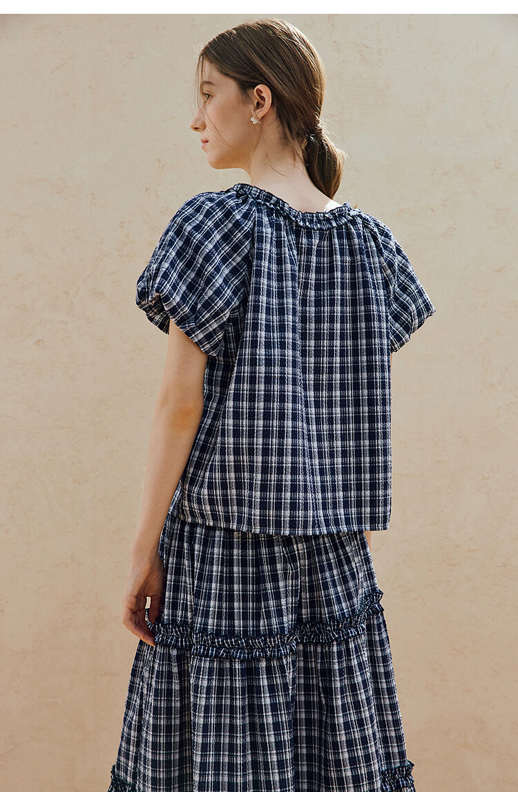INMAN French Vintage Red Plaid Short Sleeve Shirt 26 Summer New Women's Ruffle Beaded Top Navy Plaid L 18