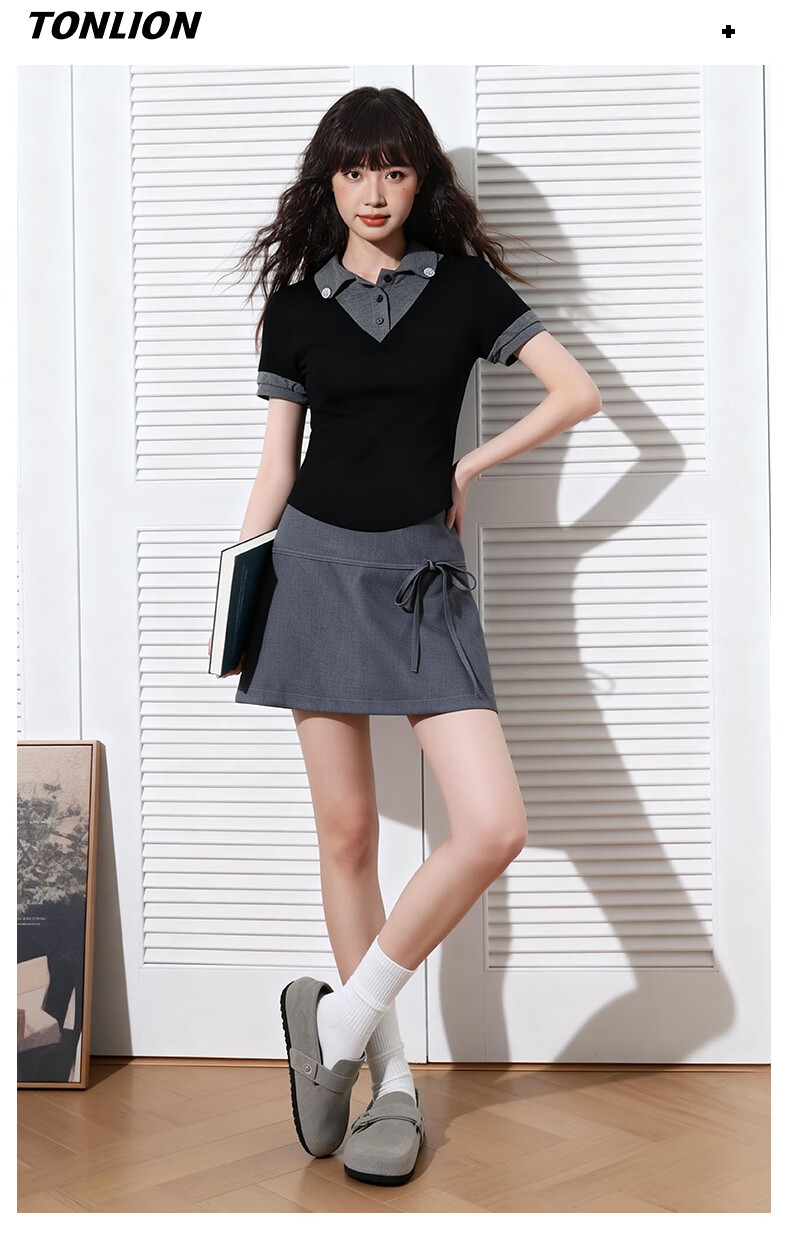 TonLion Women's Short A-Line Skirt Korean Style Petite Elegant Skirt with Bowknot and Anti-Exposure Lining College Style 12