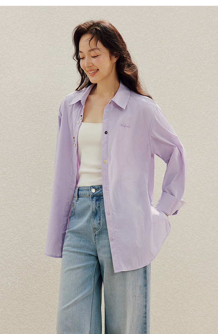 INMAN Simple Shell Beaded Embroidered Long Sleeve Shirt 26 Summer New Women's Commuting Turn-down Collar Top Purple S 25