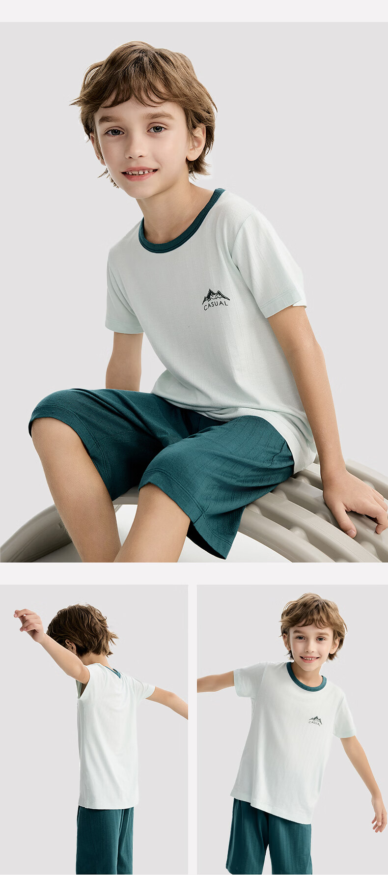 AIMER KIDS Boys' Lenzing Modal Short Sleeve Top and Five-Point Pants Set, Elegant Green Jacquard, Size 110 11