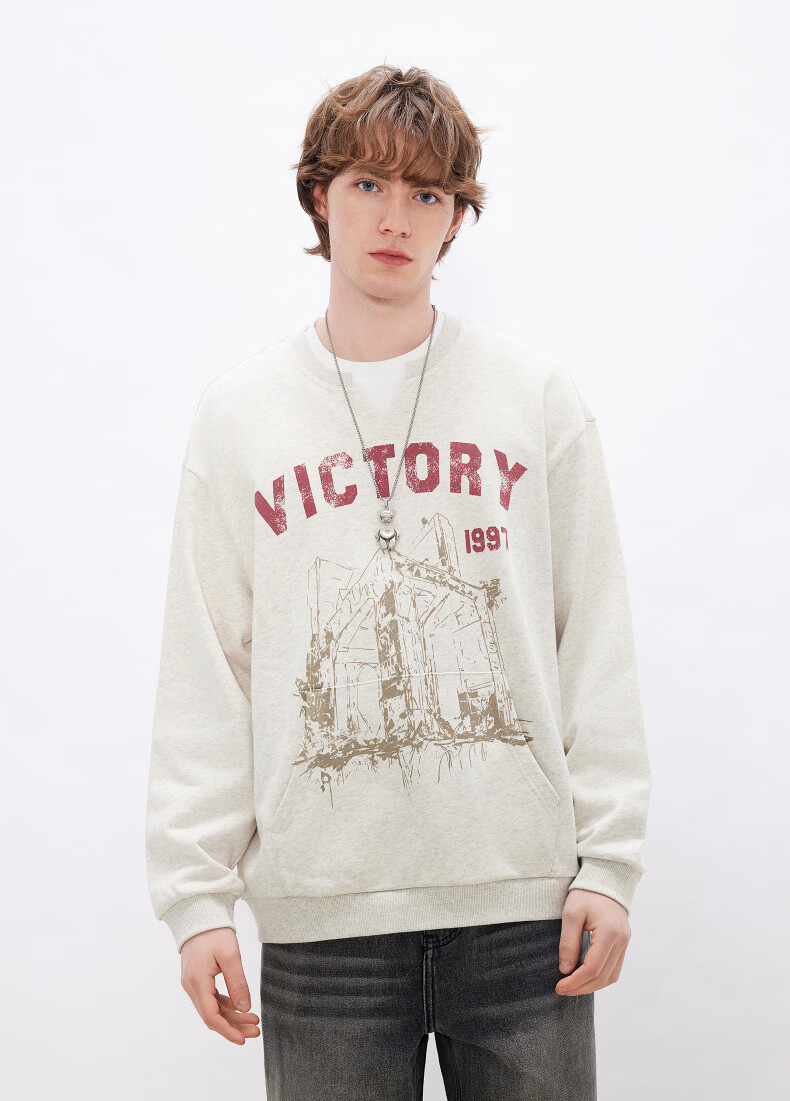 Gxgjeans Men's Casual Loose Fit Two-in-One Style Printed Crewneck Sweatshirt Light Heather Gray Spring 2026 New M (170) 7