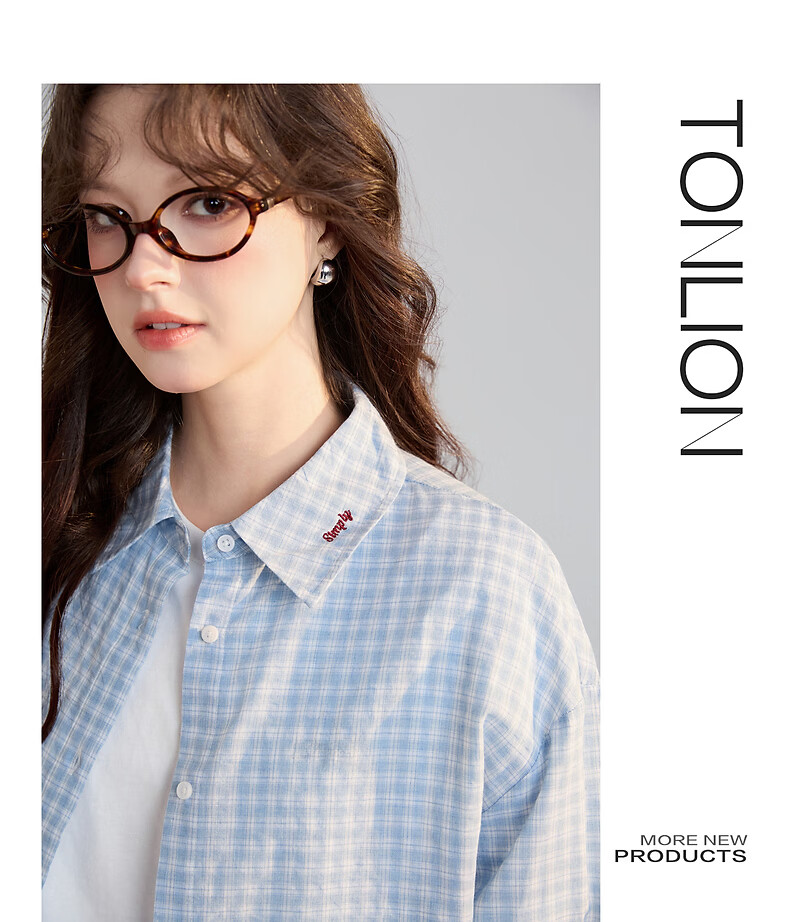 TonLion 2026 Spring Women's Plaid Long Sleeve Shirt Light Blue M 5