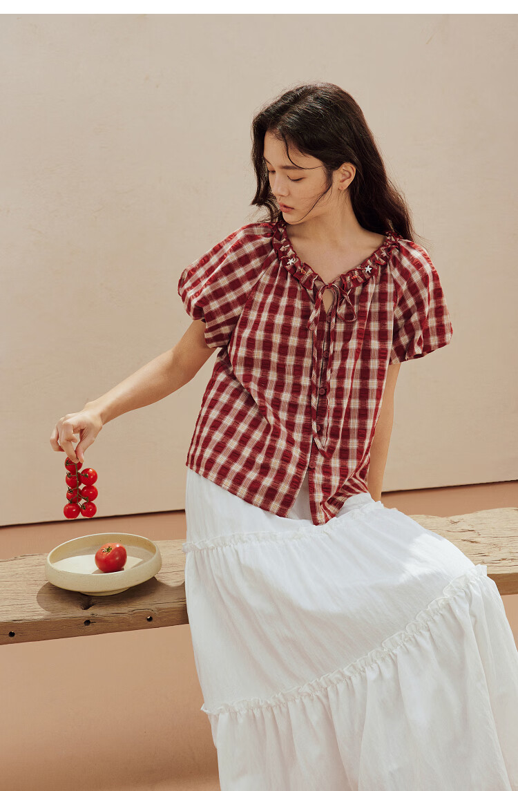 INMAN French Vintage Red Plaid Short Sleeve Shirt 26 Summer New Women's Ruffle Beaded Top Navy Plaid L 11