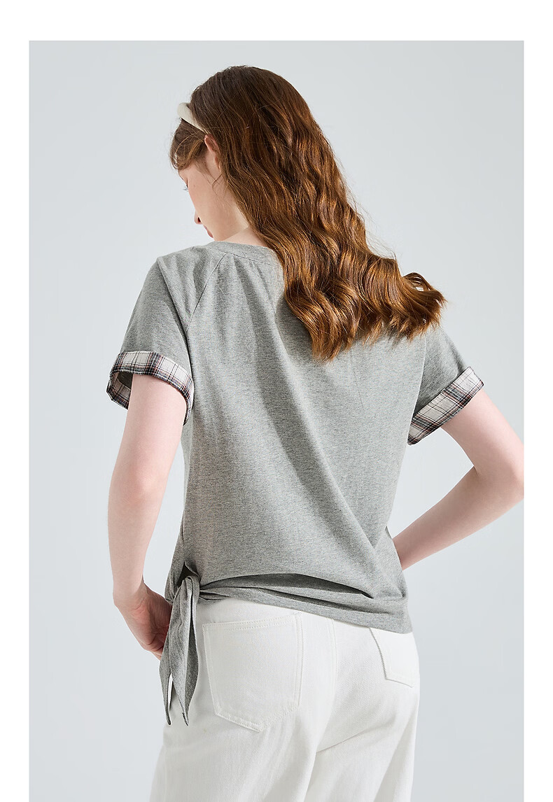 TonLion 2026 Summer New Slim Fit Gray Patchwork Short Sleeve T-Shirt for Women Stylish Casual Designer Niche Top 11