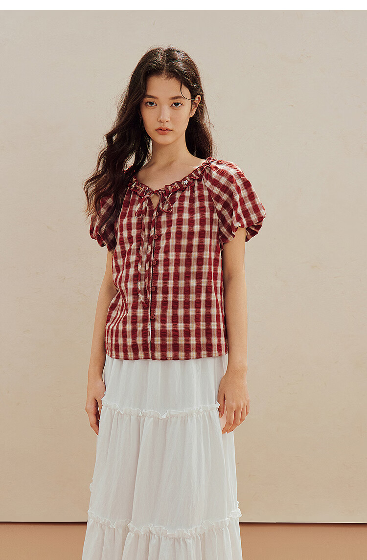 INMAN French Vintage Red Plaid Short Sleeve Shirt 26 Summer New Women's Ruffle Beaded Top Navy Plaid L 12