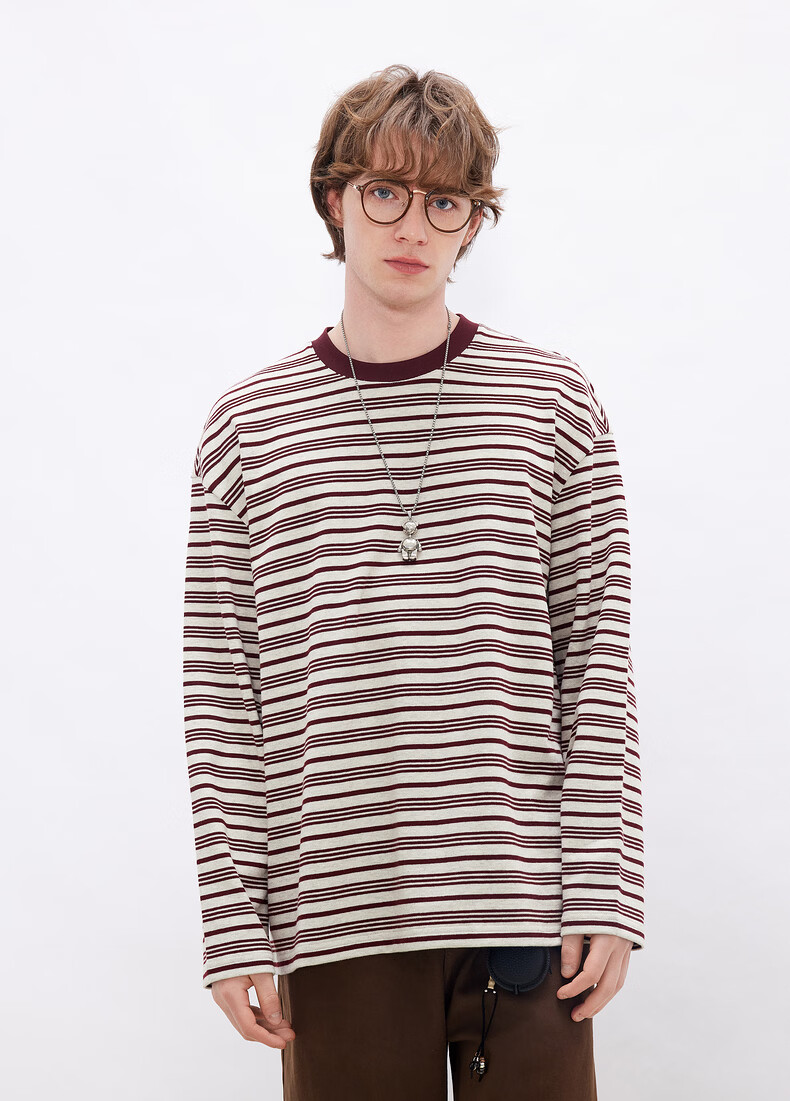 Gxgjeans Men's Striped Loose Casual Crew Neck Long Sleeve T-Shirt 26 Spring New Navy White Stripes L (175) 8