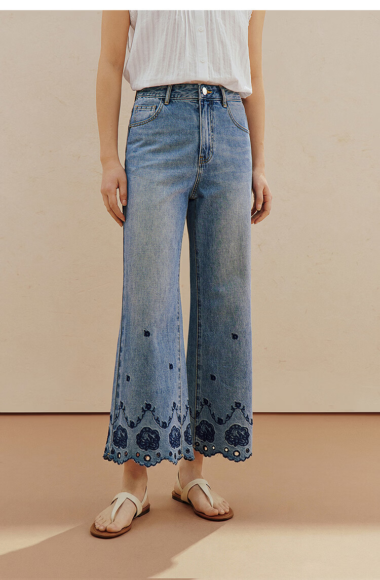 INMAN INMAN [Runway Style] Embroidered Wide-Leg Cropped Jeans, Summer 2026 Women's Embellished Pants, Denim Blue, Size 26 8