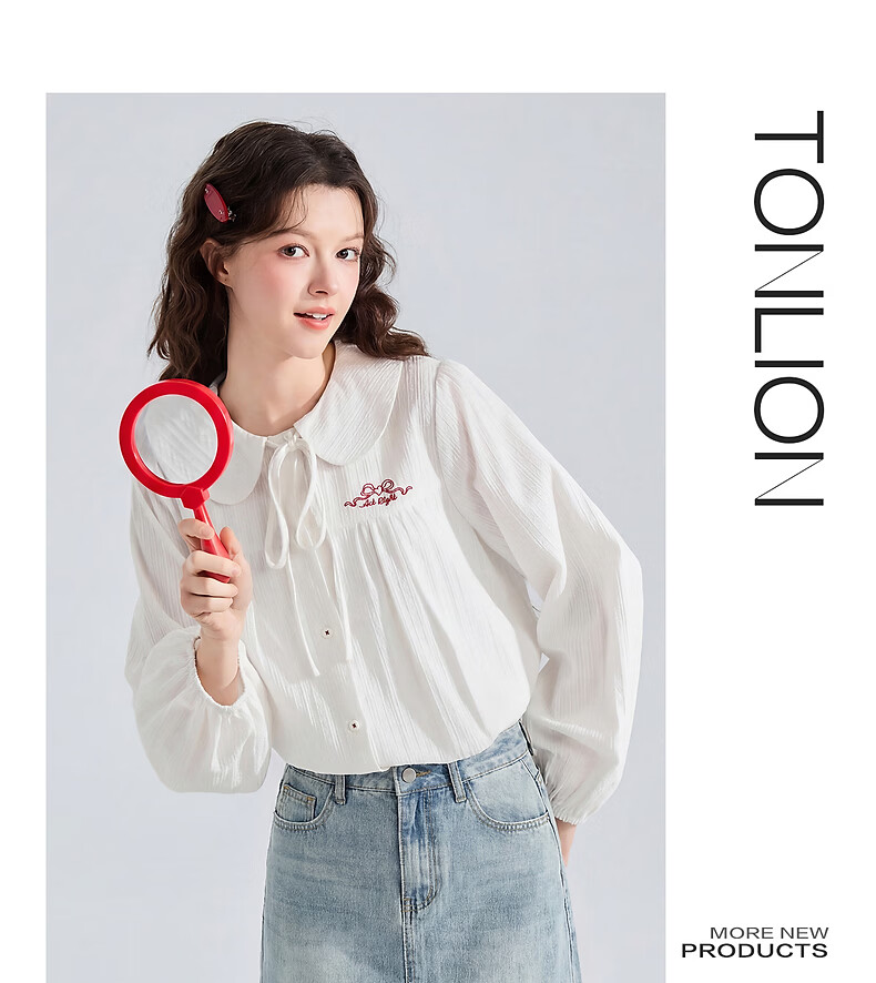TonLion 2026 Spring Women's Doll Collar Long Sleeve Shirt Off-White L 2