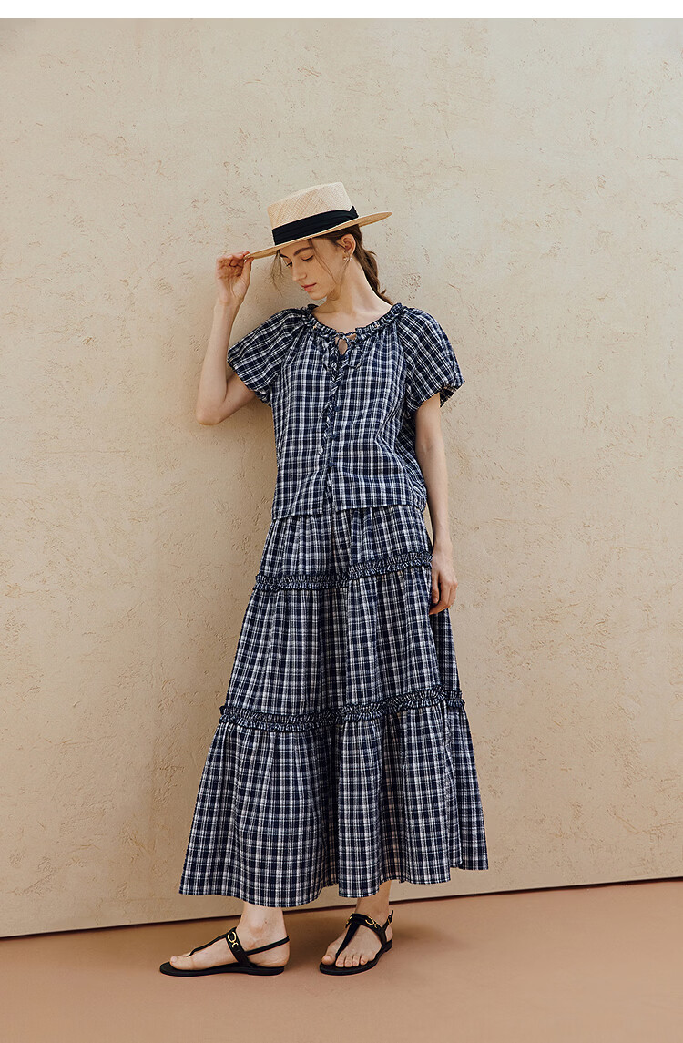 INMAN French Vintage Red Plaid Short Sleeve Shirt 26 Summer New Women's Ruffle Beaded Top Navy Plaid L 16