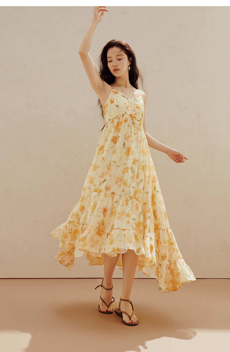 INMAN Floral V-Neck Spaghetti Strap Vacation Dress 2026 Summer Women's New Slim Waist A-Line Long Dress Colorful L 12