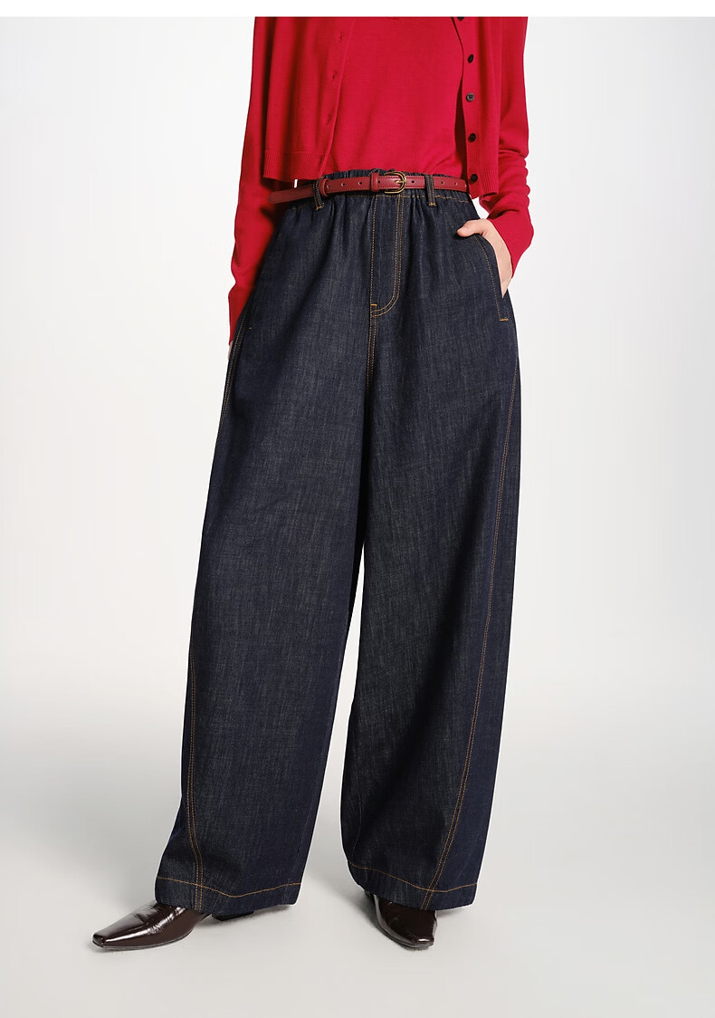 Peacebird Women's High-Waist Loose Lantern Wide-Leg Denim Jeans Elastic Waist Dark Blue Denim Pants L 32