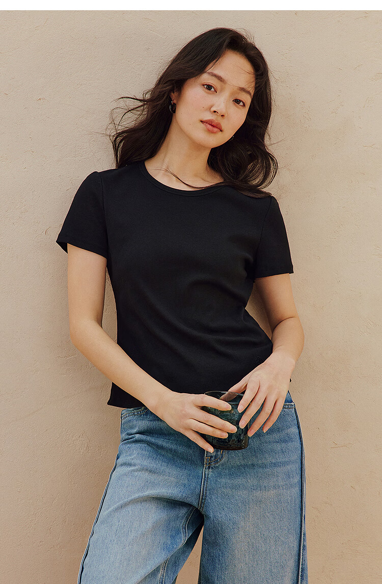 INMAN Casual Fitted Crew Neck Short Sleeve T-Shirt 26 Summer Women's New Solid Color Inner Top White M 9
