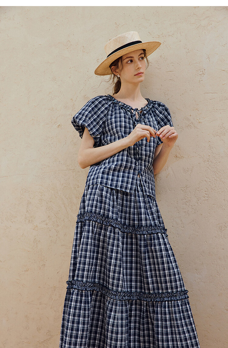 INMAN French Vintage Red Plaid Short Sleeve Shirt 26 Summer New Women's Ruffle Beaded Top Navy Plaid L 17