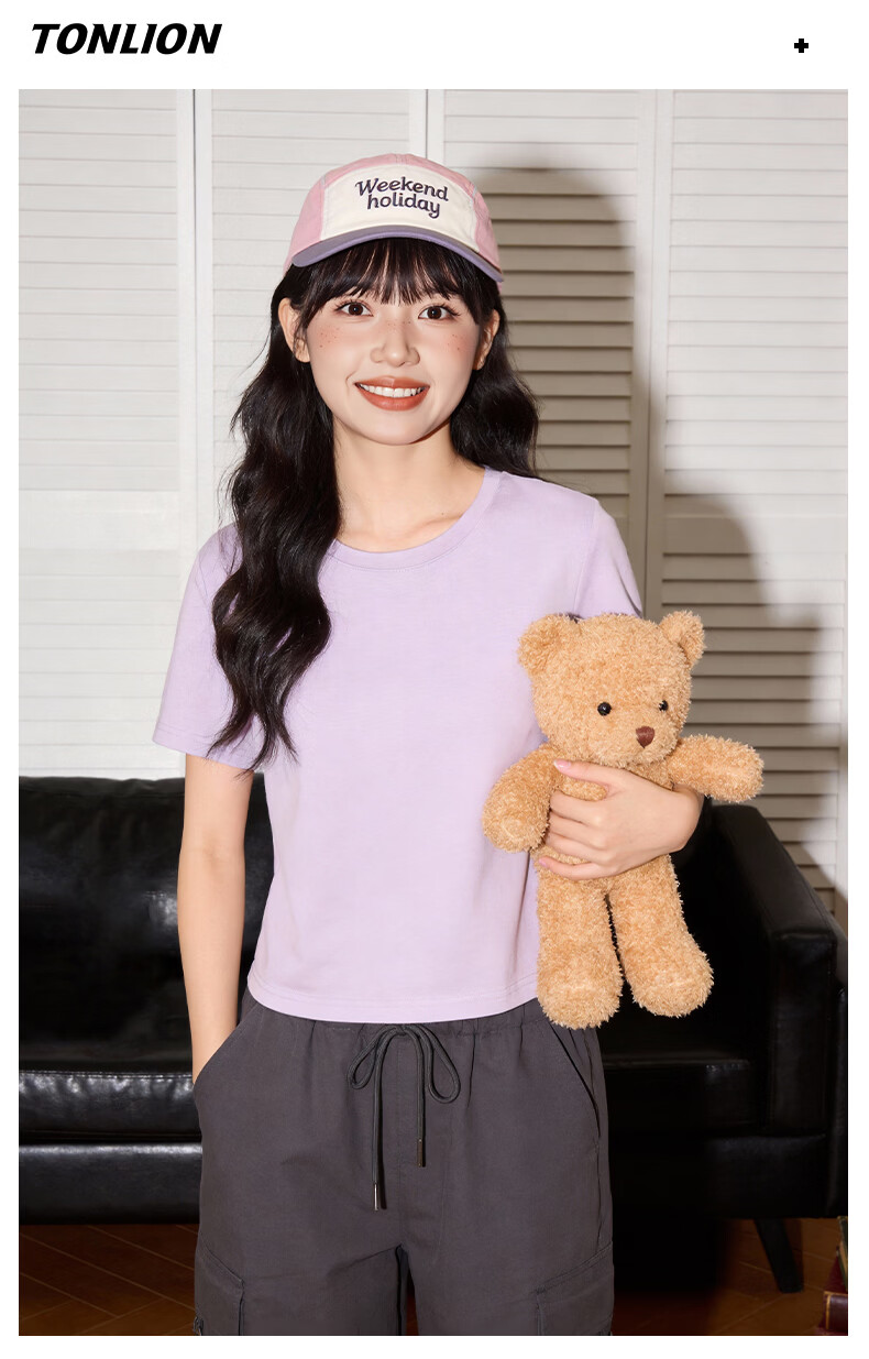 TonLion Pure Cotton Short Sleeve T-Shirt Women Round Neck Crop Top New Trendy Cute Skin-Friendly Basic Tee 7