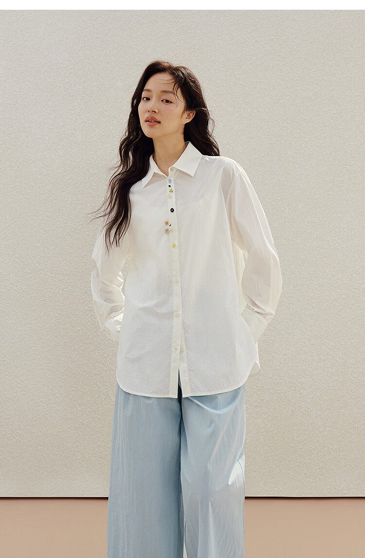 INMAN Simple Shell Beaded Embroidered Long Sleeve Shirt 26 Summer New Women's Commuting Turn-down Collar Top Purple S 18
