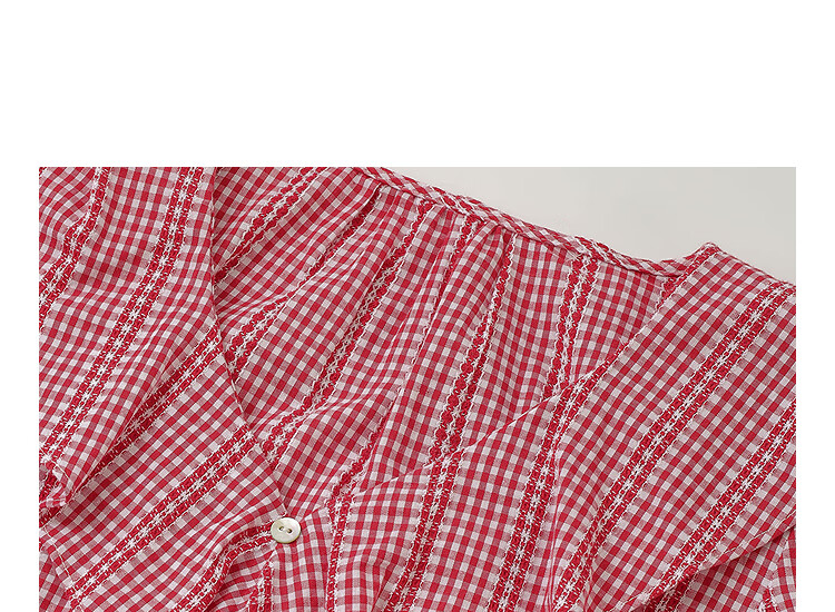 INMAN French Vintage Red Plaid Short Sleeve Shirt 26 Summer New Women's Ruffle Beaded Top Navy Plaid L 22