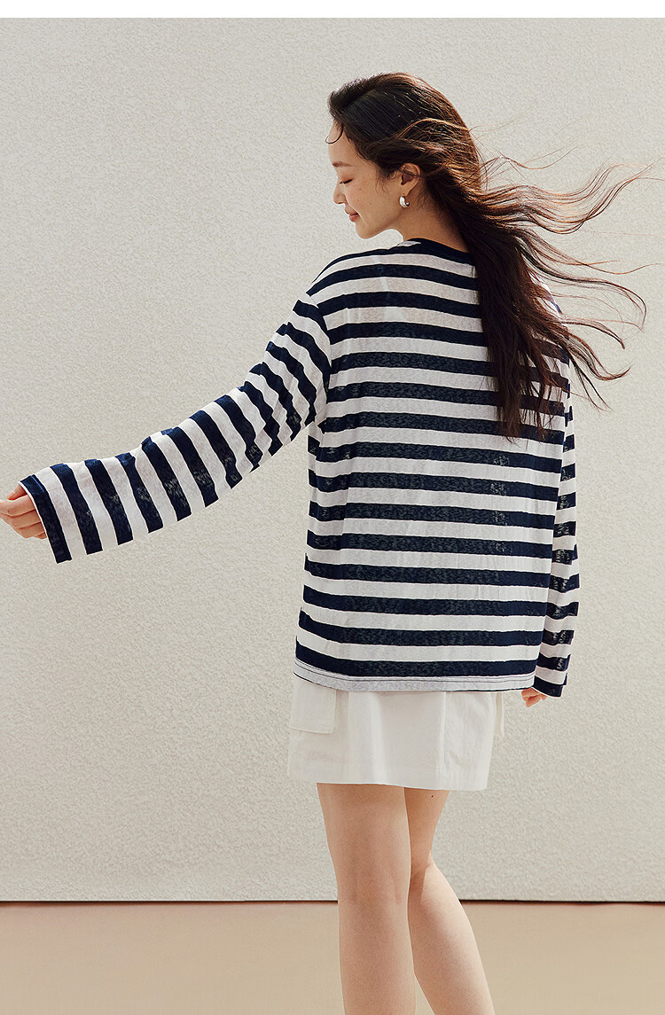 INMAN Lazy Stripe Letter Print Beaded Lightweight T-Shirt 26 Summer New Women's Long Sleeve Top Navy White Stripe L 18