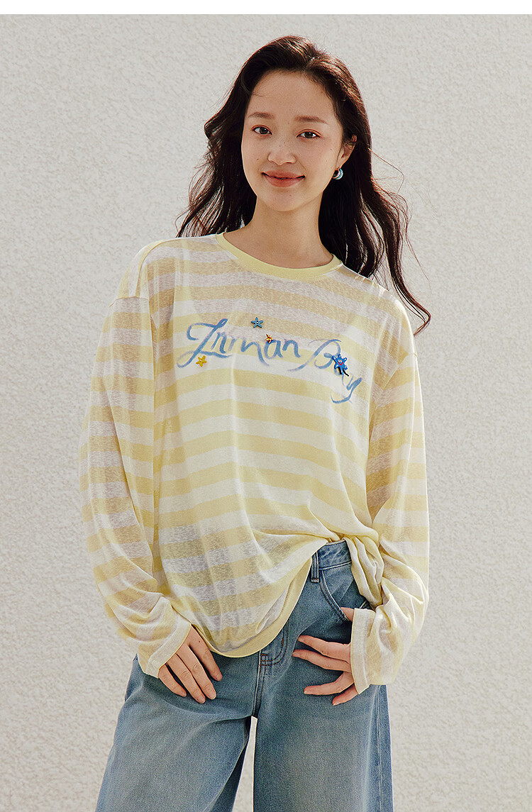 INMAN Lazy Stripe Letter Print Beaded Lightweight T-Shirt 26 Summer New Women's Long Sleeve Top Navy White Stripe L 19