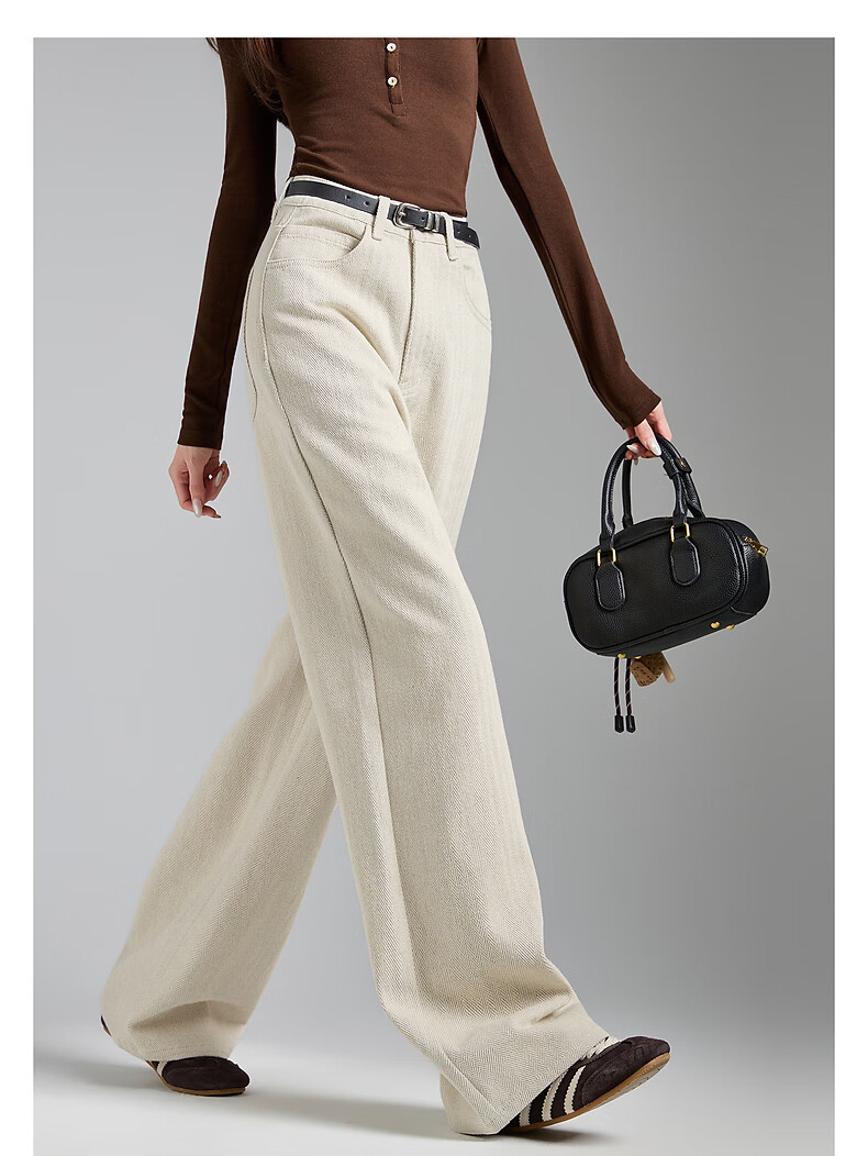 TonLion 2026 Spring Women's Herringbone Denim Pants Light Beige Almond Size 25 4