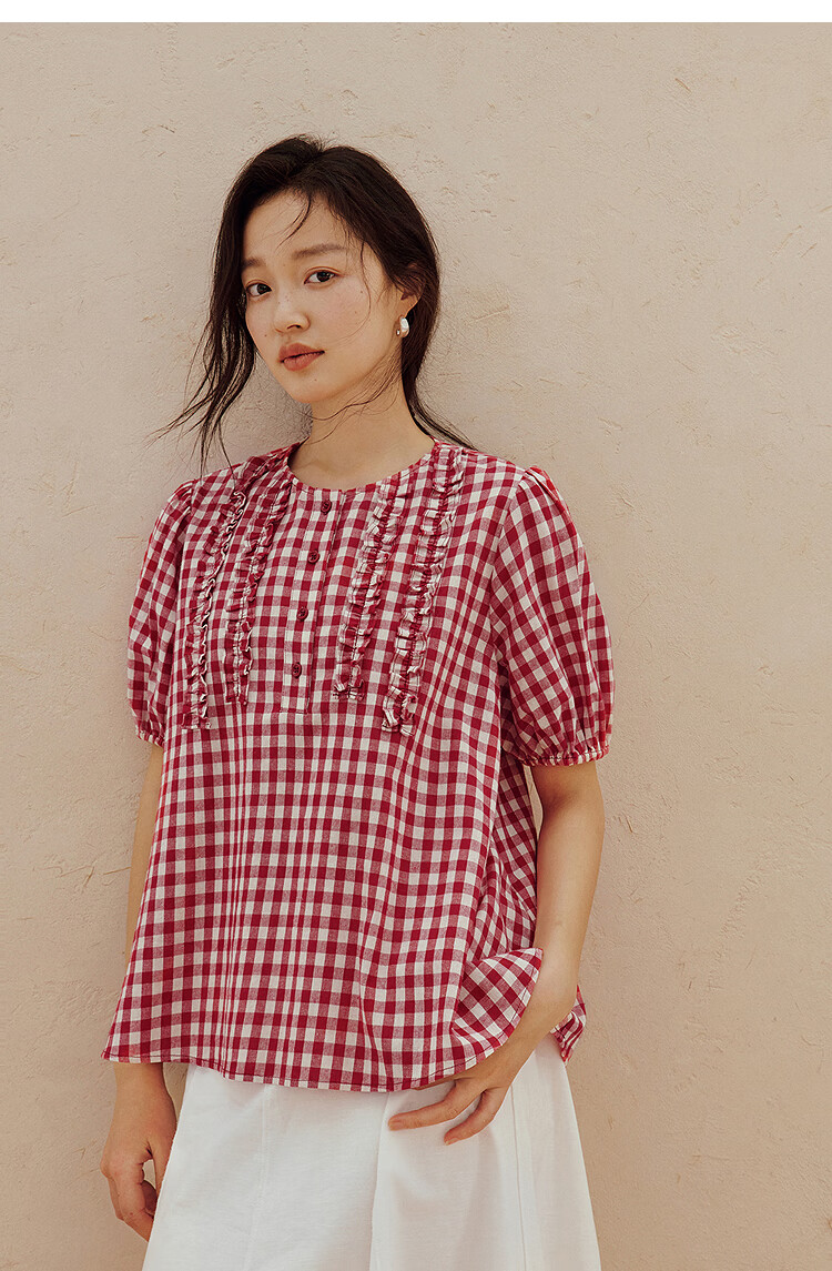 INMAN French Vintage Red Plaid Short Sleeve Shirt 26 Summer New Women's Ruffle Beaded Top Navy Plaid L 37
