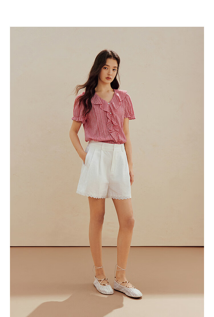 INMAN French Vintage Red Plaid Short Sleeve Shirt 26 Summer New Women's Ruffle Beaded Top Navy Plaid L 21