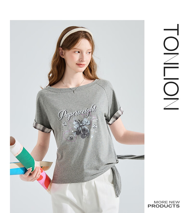 TonLion 2026 Summer New Slim Fit Gray Patchwork Short Sleeve T-Shirt for Women Stylish Casual Designer Niche Top 10