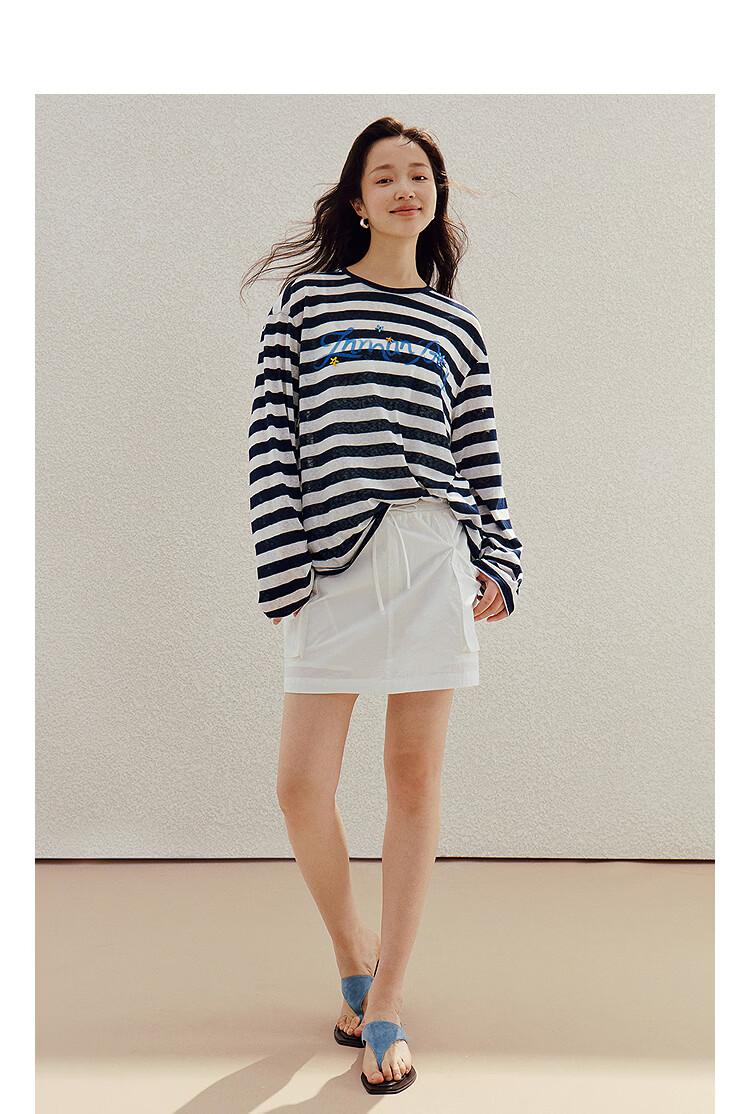 INMAN Lazy Stripe Letter Print Beaded Lightweight T-Shirt 26 Summer New Women's Long Sleeve Top Navy White Stripe L 4