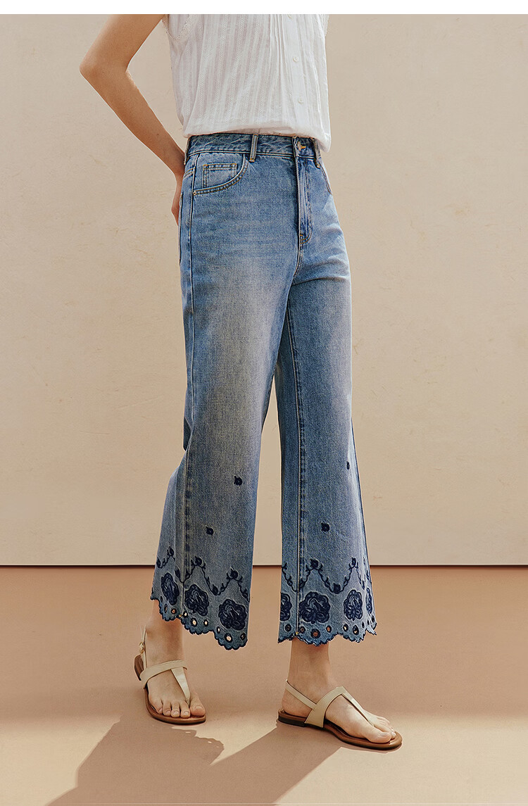 INMAN INMAN [Runway Style] Embroidered Wide-Leg Cropped Jeans, Summer 2026 Women's Embellished Pants, Denim Blue, Size 26 9