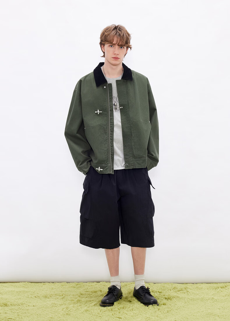 Gxgjeans Men's American Vintage Airplane Buckle Workwear Collar Jacket Coat 26 Spring New Dark Green 180/XL 7