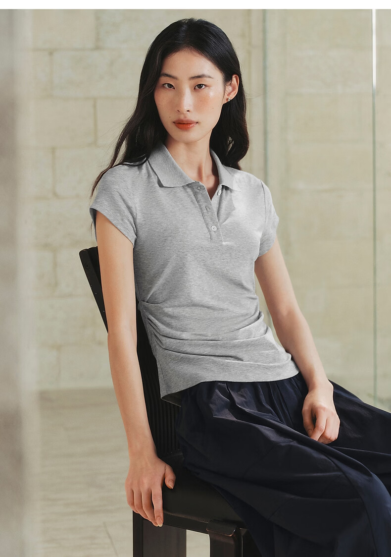 Peacebird Women's T-Shirt High-Intelligence Commuting Polo Collar Short Sleeve Spring Waist Pleated Design Black S 19