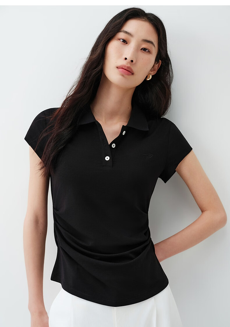 Peacebird Women's T-Shirt High-Intelligence Commuting Polo Collar Short Sleeve Spring Waist Pleated Design Black S 20