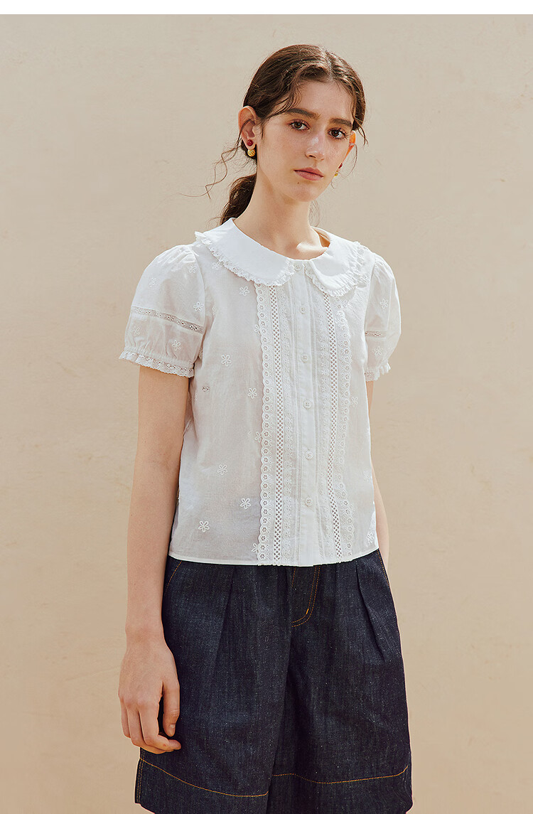 INMAN INMAN [Runway Style] Puff Sleeve Lace Peter Pan Collar Blouse, Summer 2026, Pure Cotton Short Sleeve, White, Size L 12