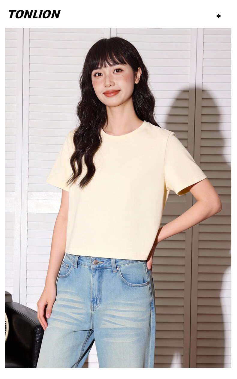 TonLion Pure Cotton Short Sleeve T-Shirt Women Round Neck Crop Top New Trendy Cute Skin-Friendly Basic Tee 11