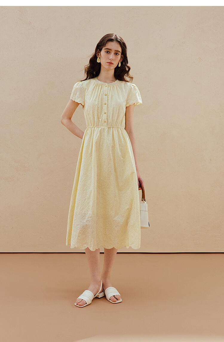 INMAN INMAN Floral Pattern Waist-Cinching Lace Dress, Summer 2026 New Style, Wavy Lace Trim Short-Sleeve Dress, Goose Yellow, Size L 11