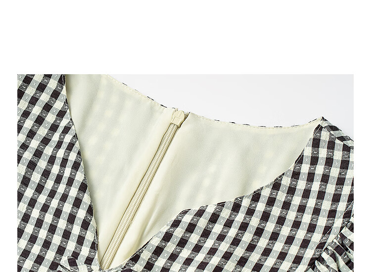 INMAN Plaid Bowknot V-Neck Puff Sleeve Dress 26 Summer New Women's Tie Waist Long Dress Black and White Check S 6