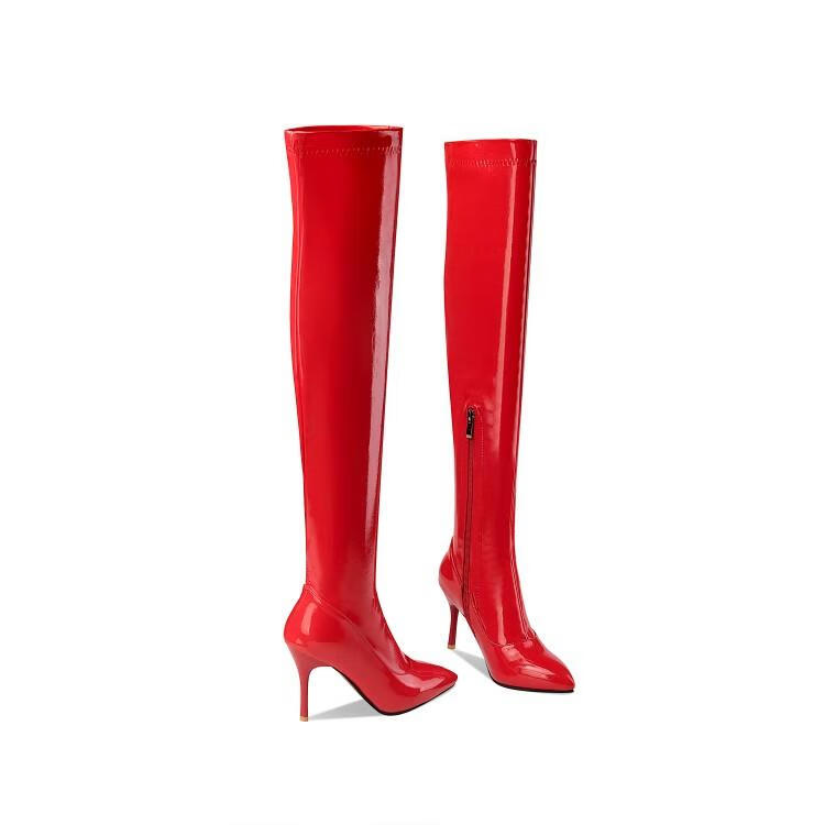 过膝长靴高跟女网红靴子亮面长筒靴性感大腿靴爵士舞尖头细跟 红色 34