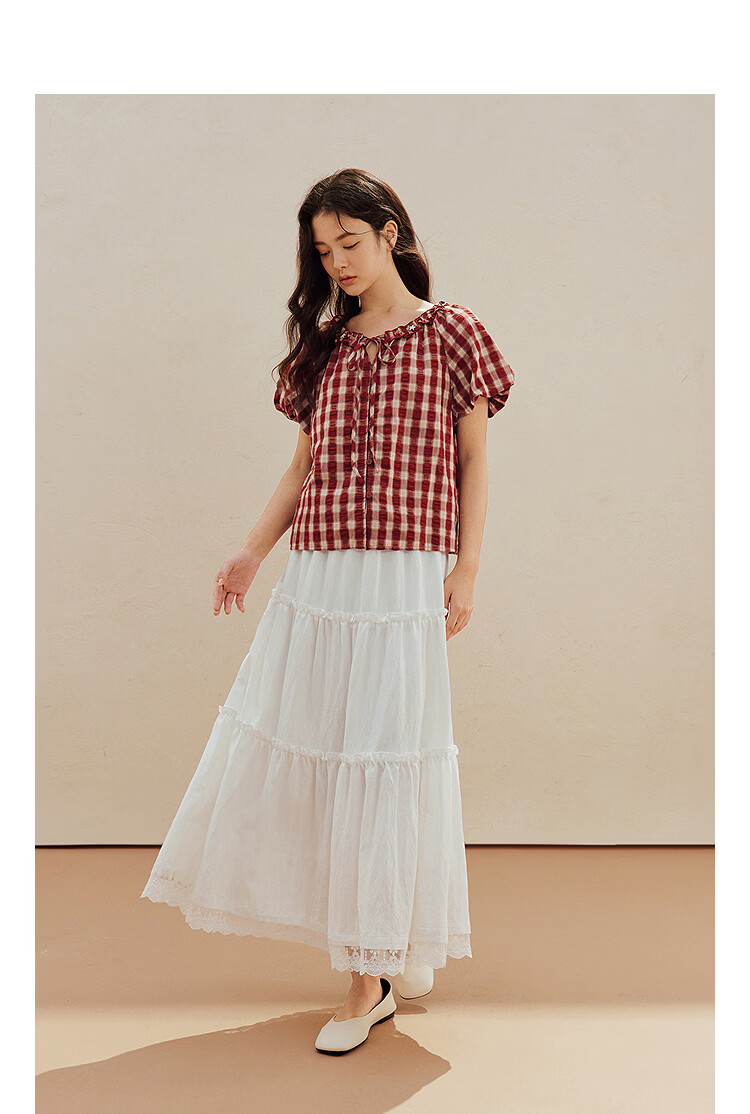 INMAN French Vintage Red Plaid Short Sleeve Shirt 26 Summer New Women's Ruffle Beaded Top Navy Plaid L 4