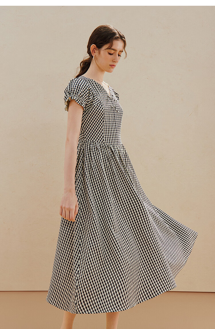 INMAN Plaid Bowknot V-Neck Puff Sleeve Dress 26 Summer New Women's Tie Waist Long Dress Black and White Check S 12
