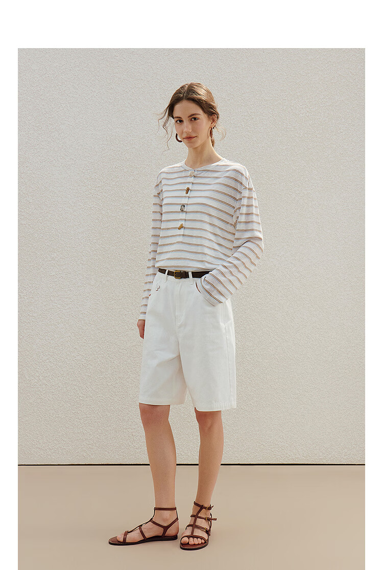 INMAN Lazy Fun Button Stripe Long Sleeve T-Shirt 26 Summer Women's New Colorblock Crew Neck Top Blue White Stripe S 4