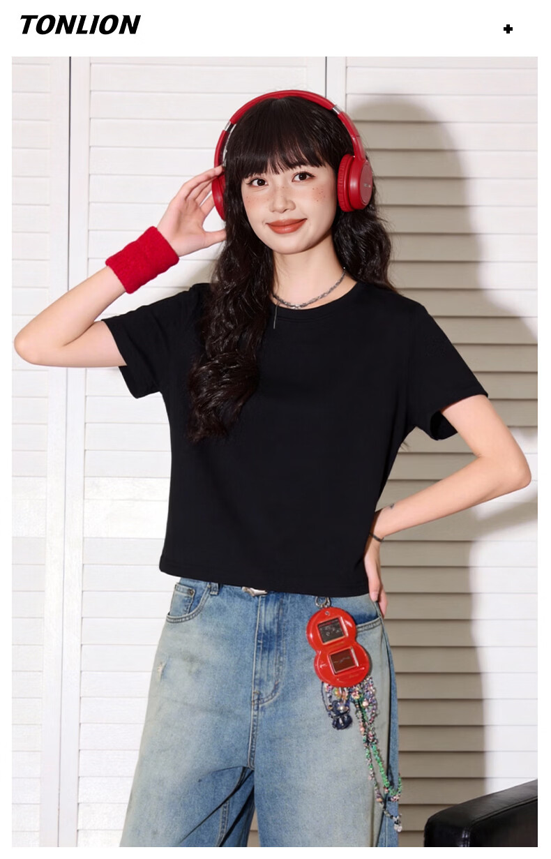 TonLion Pure Cotton Short Sleeve T-Shirt Women Round Neck Crop Top New Trendy Cute Skin-Friendly Basic Tee 9