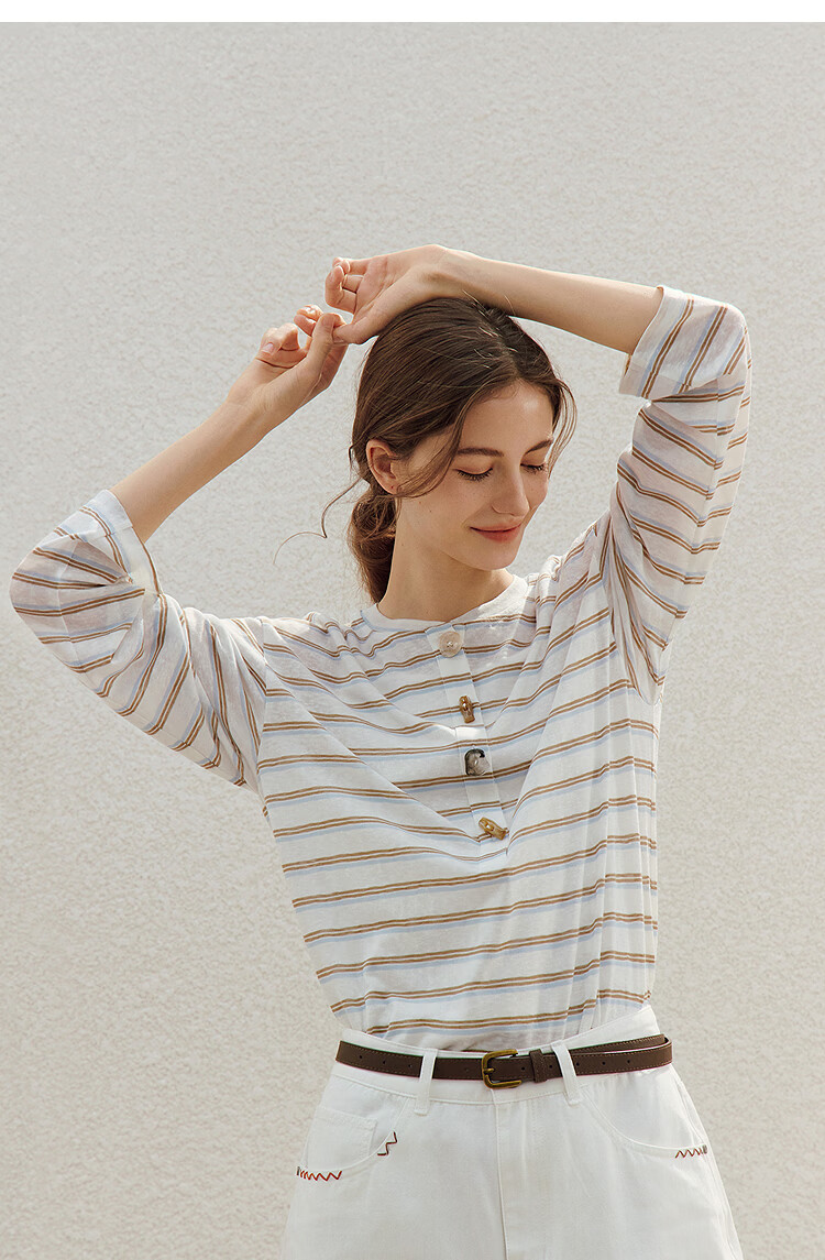 INMAN Lazy Fun Button Stripe Long Sleeve T-Shirt 26 Summer Women's New Colorblock Crew Neck Top Blue White Stripe S 17