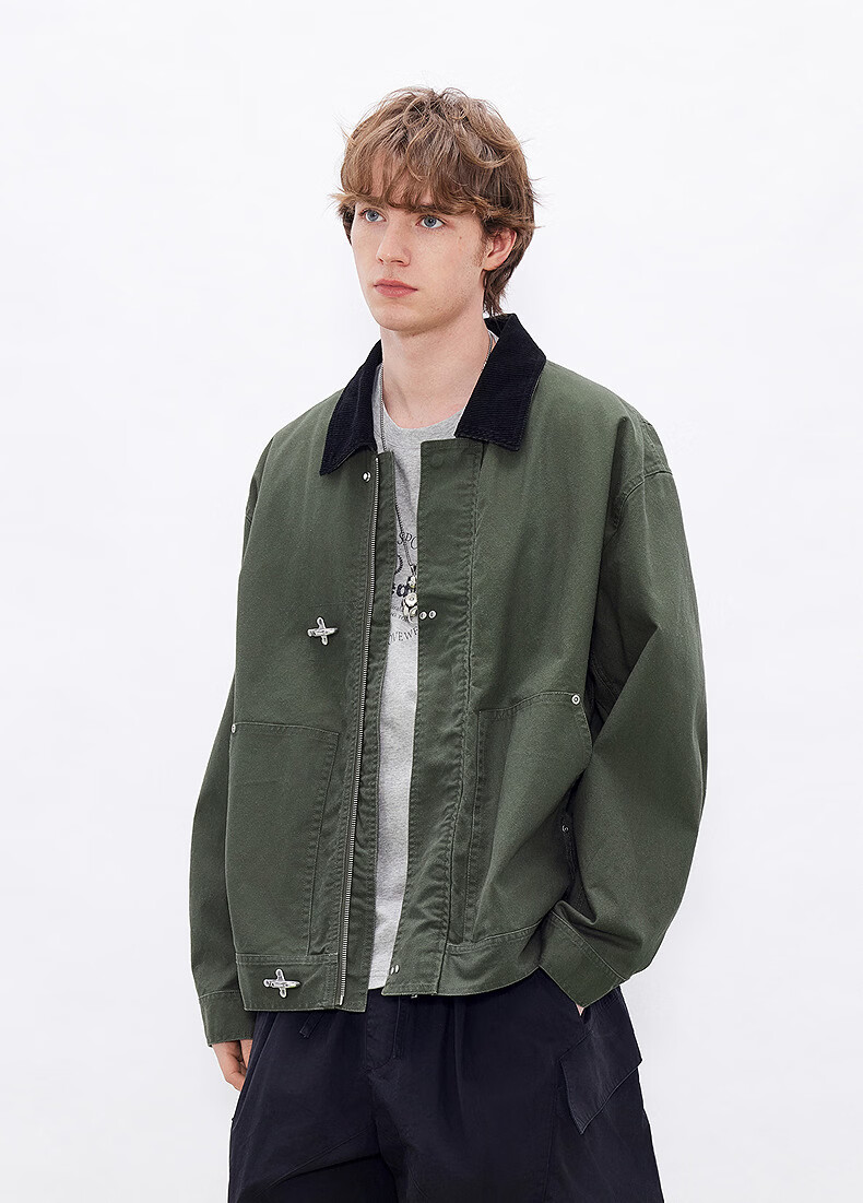 Gxgjeans Men's American Vintage Airplane Buckle Workwear Collar Jacket Coat 26 Spring New Dark Green 180/XL 8