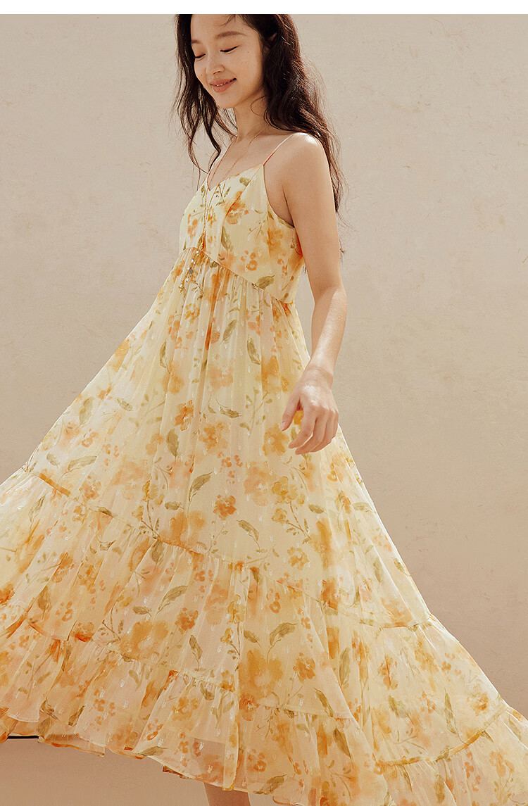 INMAN Floral V-Neck Spaghetti Strap Vacation Dress 2026 Summer Women's New Slim Waist A-Line Long Dress Colorful L 10