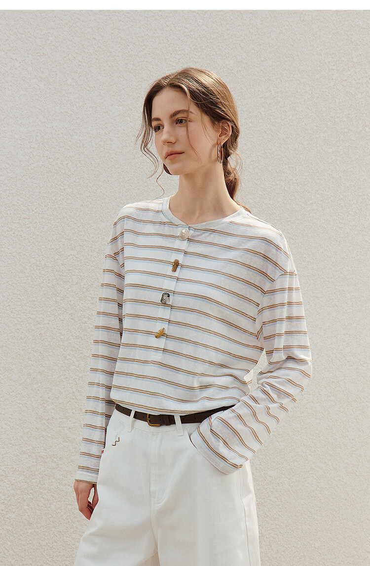 INMAN Lazy Fun Button Stripe Long Sleeve T-Shirt 26 Summer Women's New Colorblock Crew Neck Top Blue White Stripe S 14