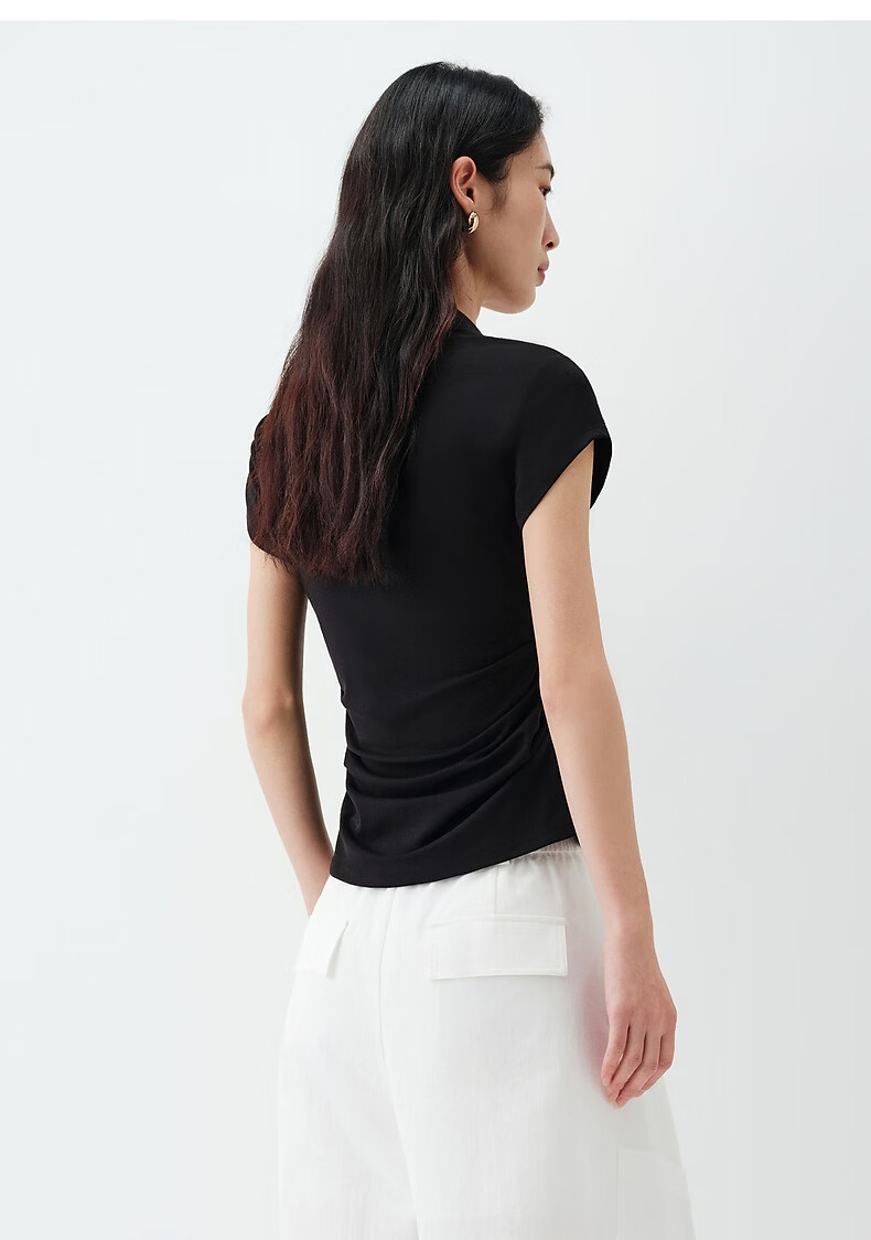 Peacebird Women's T-Shirt High-Intelligence Commuting Polo Collar Short Sleeve Spring Waist Pleated Design Black S 22