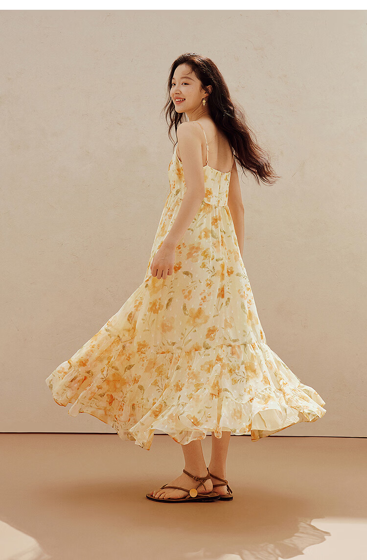 INMAN Floral V-Neck Spaghetti Strap Vacation Dress 2026 Summer Women's New Slim Waist A-Line Long Dress Colorful L 14