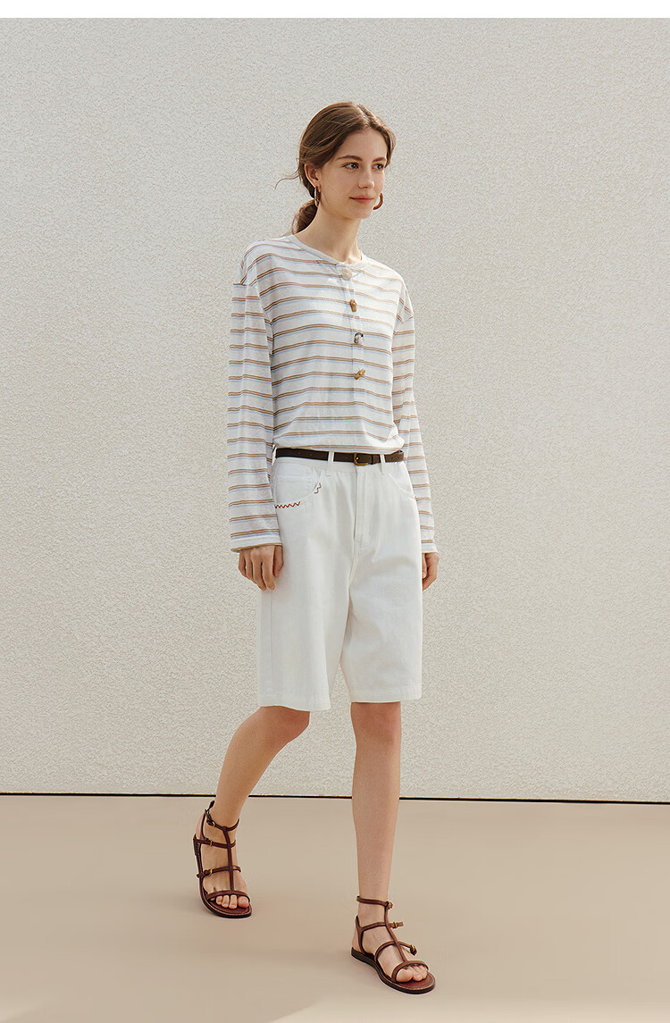 INMAN Lazy Fun Button Stripe Long Sleeve T-Shirt 26 Summer Women's New Colorblock Crew Neck Top Blue White Stripe S 16