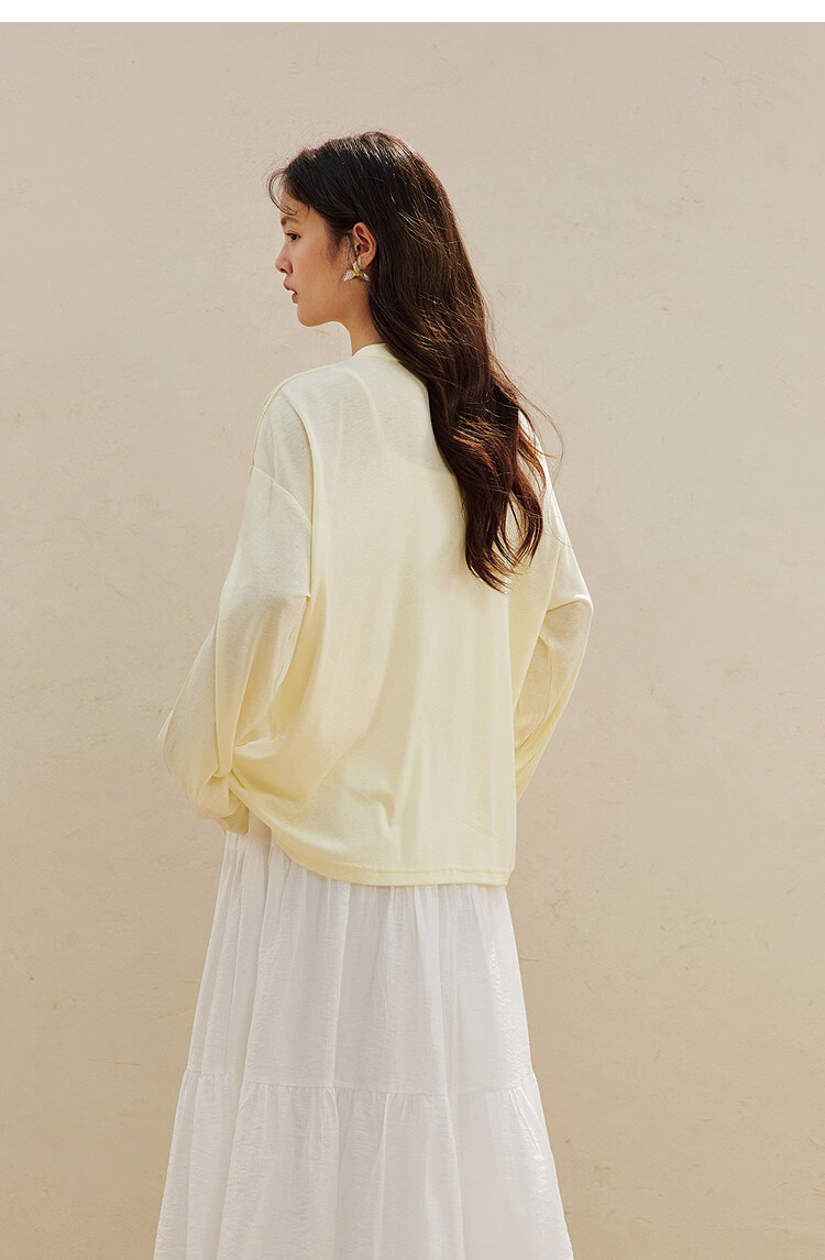 INMAN Casual Rope Embroidery Printed Long Sleeve T-Shirt 2026 Summer New Women's Versatile Drop Shoulder Crew Neck Top Goose Yellow L 24