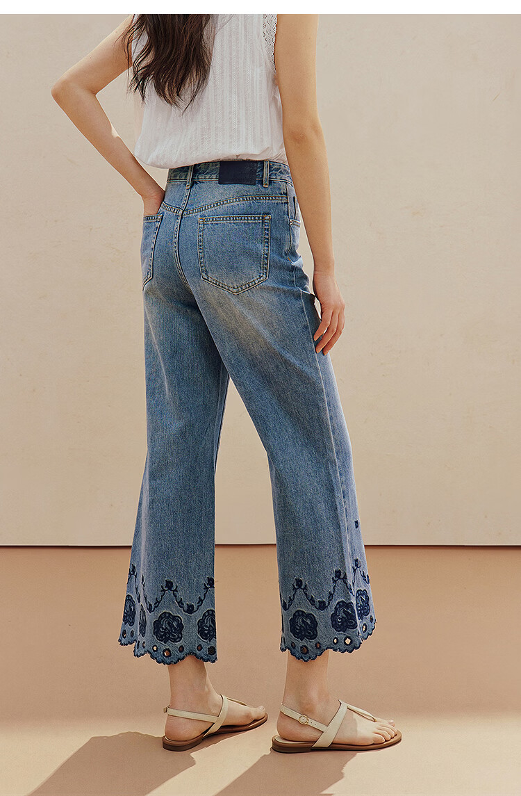 INMAN INMAN [Runway Style] Embroidered Wide-Leg Cropped Jeans, Summer 2026 Women's Embellished Pants, Denim Blue, Size 26 12