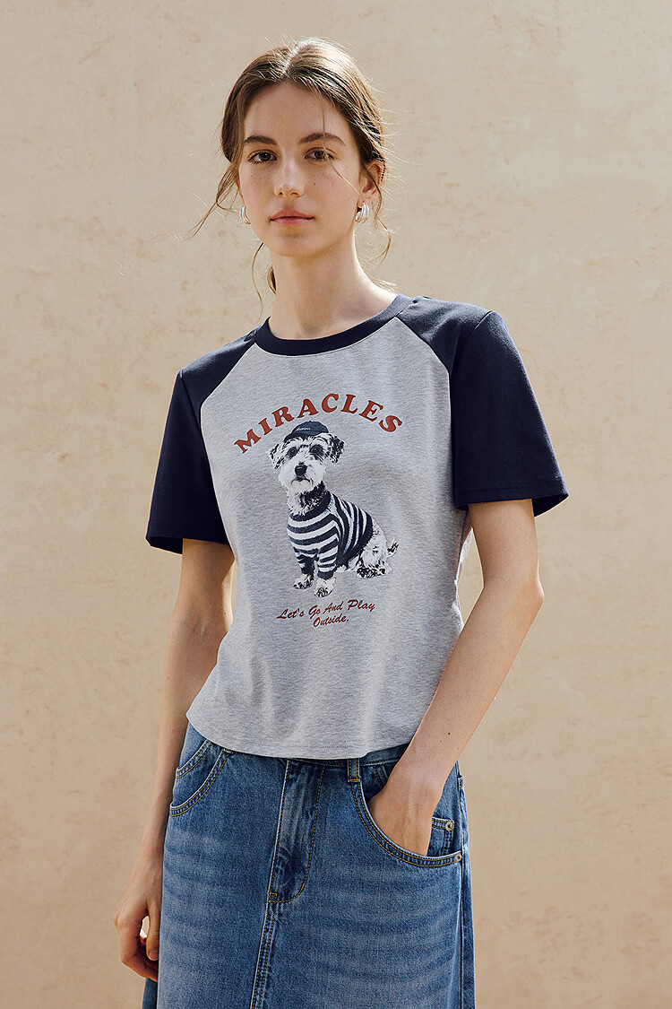 INMAN Age-Reducing Puppy Print Color-Block Short Sleeve T-Shirt 2026 Summer Women's New Regular Fit Top Royal Blue L 2